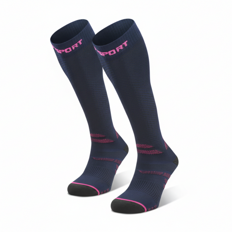 A pair of knee-high compression socks in blue color with 'SPORT' text and red accents on the side.