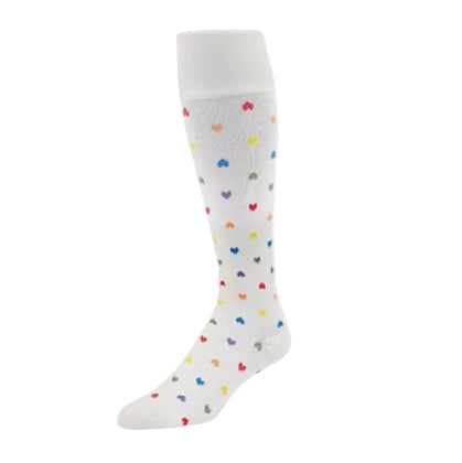 White knee-high sock with colorful heart pattern on a white background