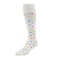 White knee-high sock with colorful heart pattern on a white background